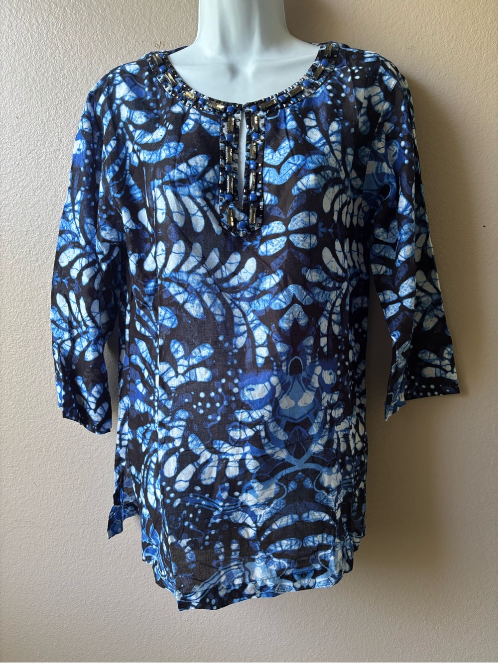 Anne Klein Women's Blue Printed Beaded Neck Tunic Top